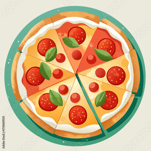 Overhead watercolor illustration of a delicious sliced pizza vector
