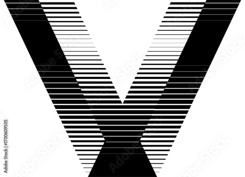 Vector letter V, black striped pattern on white background. Graphic design element for advertising, printing, packaging and interior. Sporty Vector background. Halftone. Volume effect. 3d. Victory