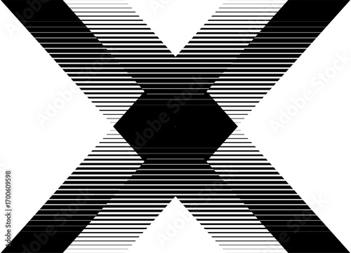 Vector letter X, black striped pattern on white background. Graphic design element for advertising, printing, packaging and interior. Sporty Vector background. Halftone. Volume effect. 3d