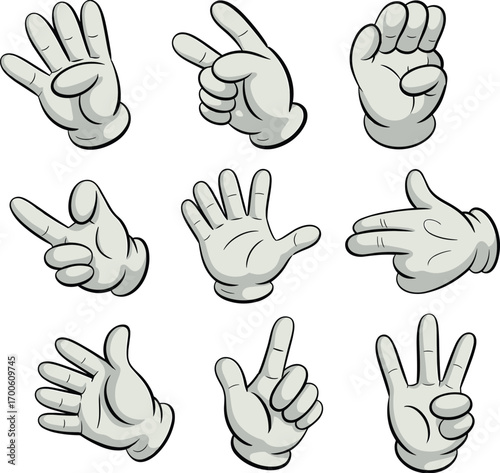 Set of cartoon hand gestures, various signs, pointing fingers, open palm, thumbs up, expressive hands, communication symbols, playful illustrations, diverse hand positions, creative gesture designs.