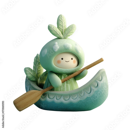 Cute Character in Green Canoe Surrounded by Tropical Leaves