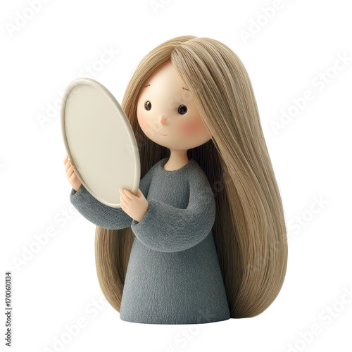Young Girl with Long Hair Reflecting on a Round Mirror Surface