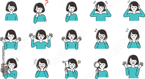 Cartoon illustration of person with short hair in 15 different facial expressions and gestures, emotion and action concept, vector art, flat design