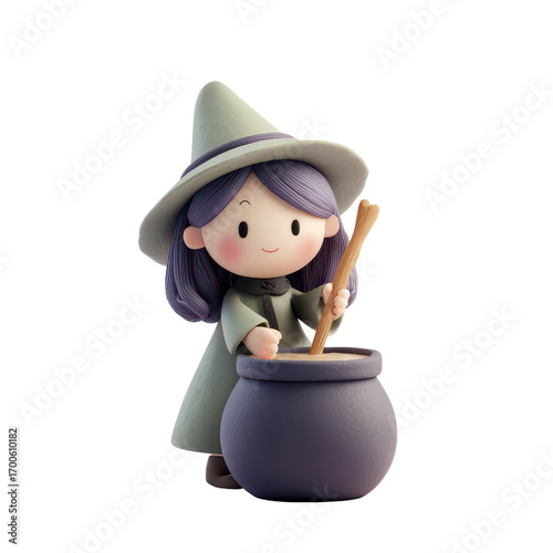 Charming Animated Witch with Cauldron and Magical Companion