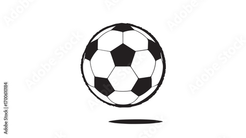 A black and white illustration of a soccer ball viewed from a slightly angled perspective.  