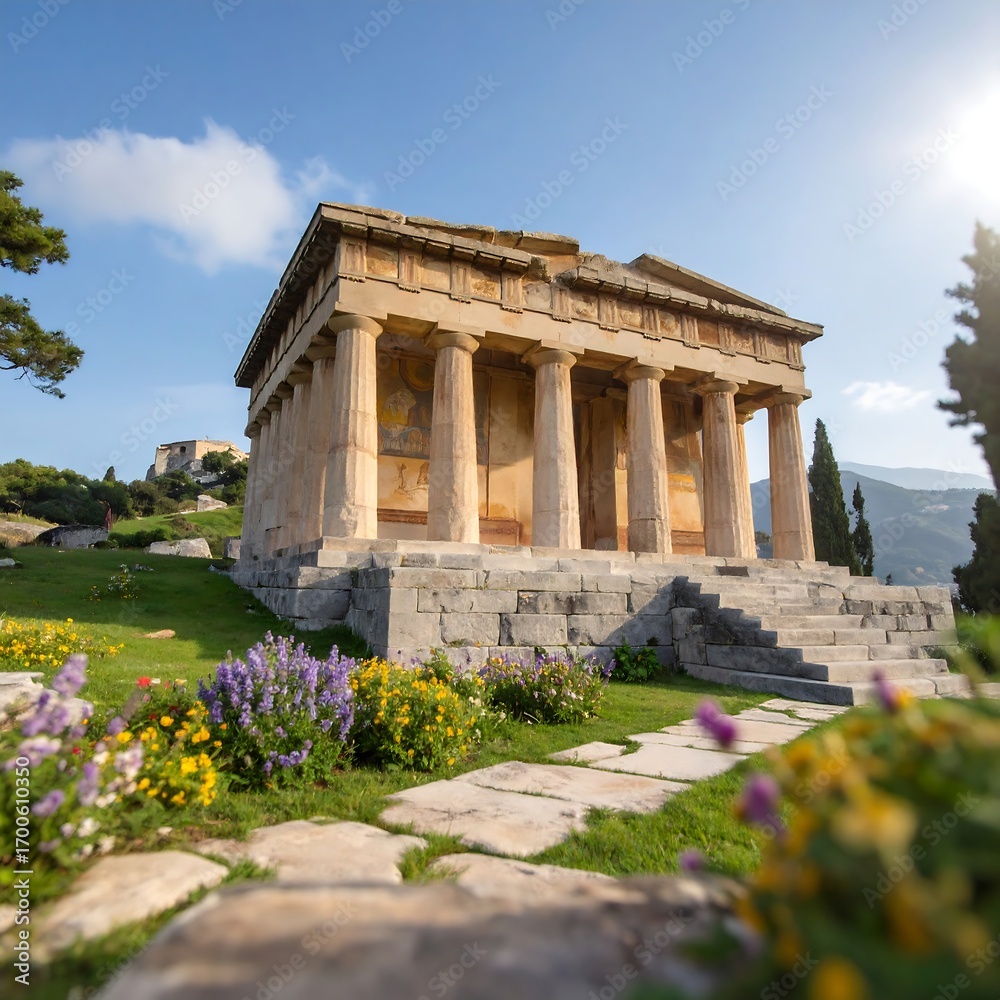 Fototapeta premium Ancient temple, lush landscape, sunlit