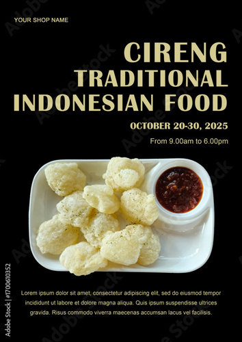 Cireng traditional Indonesian food bazaar poster, food bazaar, bazaar flyer, bazaar banner template A4.eps