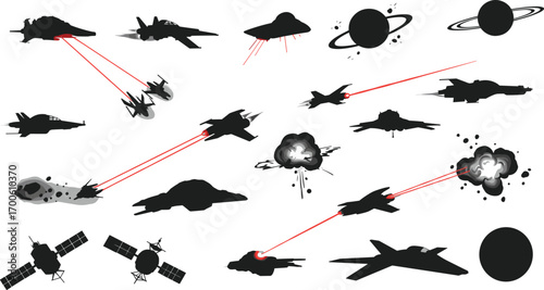 Futuristic space battle vector illustration with spaceships, UFOs, satellites, planets, and laser beams, ideal for sci-fi themed designs