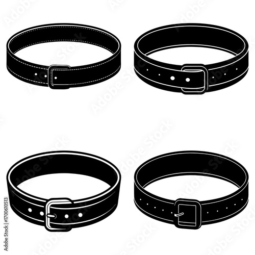 Four black and white illustrations of different belt designs with buckles and varying details shown