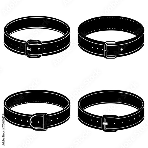 Four black belts with buckles arranged in a square pattern on a white background in a vector format