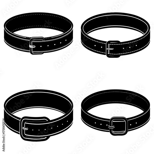 A collection of four black and white belt illustrations with different buckle designs and hole patterns