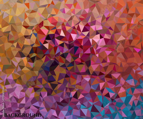 Abstract geometric background with a colorful mosaic of low-poly triangles in vibrant shades of purple, orange, and pink