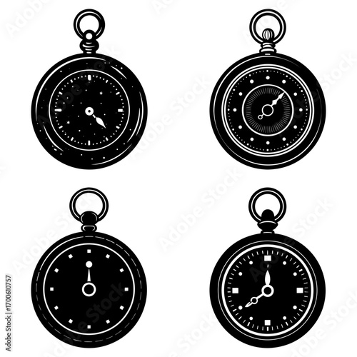 Four vintage pocket watches in black and white showing different times with unique dial designs and hands
