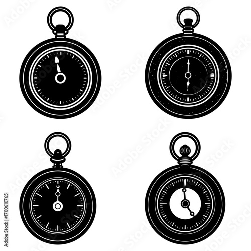 Collection of four black and white vintage pocket watches showing different times in a vector illustration