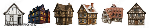Half-timbered house set including various architectural styles, daytime, nighttime, and snowy scenes isolated. European historical buildings collection.