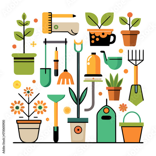 Gardening tools and plants vector illustration for creative projects vector