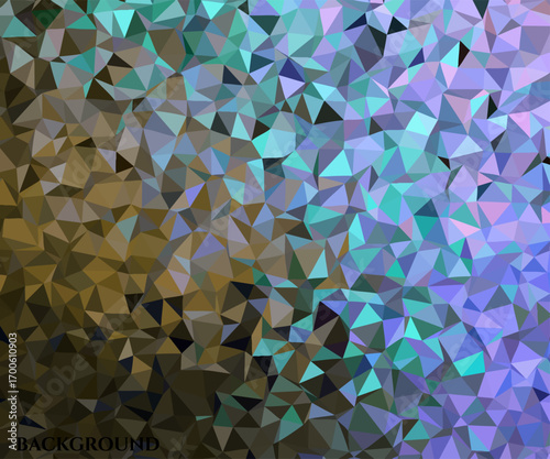 Abstract low-poly background with a vibrant gradient of shimmering blue, purple, and gold triangles creating a mosaic pattern
