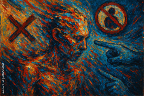 Person in metamorphosis surrounded by abstract symbols of social judgment in textured expressive painting