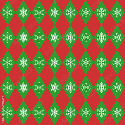 Seamless argyle pattern with white snowflakes.Colorful harlequin repeat pattern in green and red for Christmas.Winter vector graphic background for textile and prints.