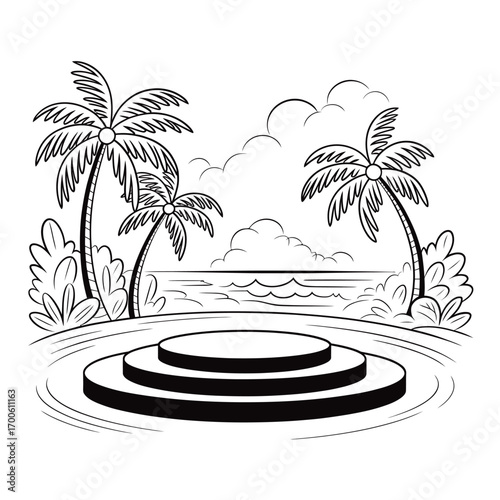Tropical island stage with palm trees and ocean view sketch