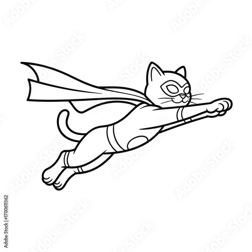 Cartoon superhero cat flying with cape and mask