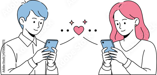Cartoon illustration of man and woman using smartphones with heart symbol between them, online dating and digital romance concept, vector art, flat design, minimal style