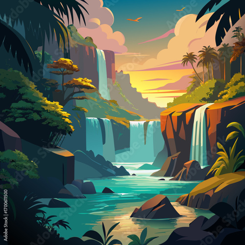Majestic multi-tiered waterfall cascading down lush cliffs vector
