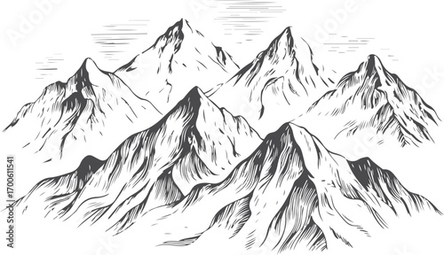 Vintage Mountain Range Hand-Drawn Illustration