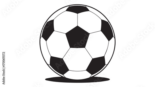 A black and white illustration of a soccer ball viewed from a slightly angled perspective. 