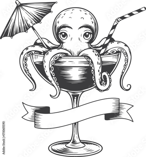  Octopus Engraving Cocktail in drink glass Vintage Illustration design.