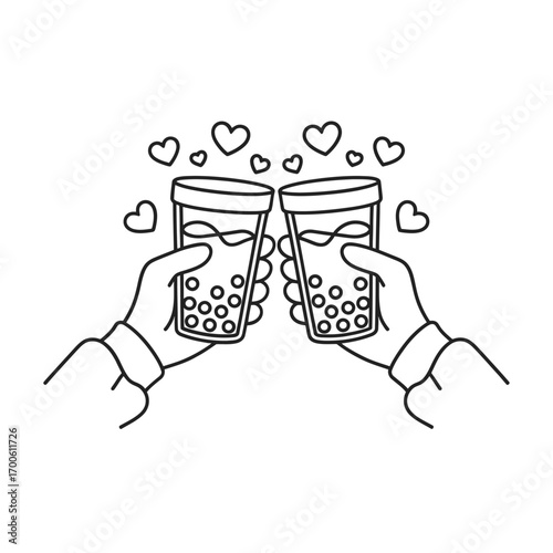 Two hands holding bubble tea glasses with hearts floating above