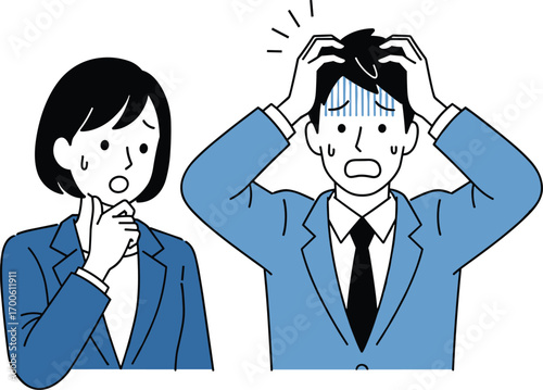 Cartoon illustration of stressed businessman and businesswoman in suits with worried expressions, workplace anxiety and pressure concept, vector art, flat design, minimal style