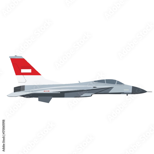 Side view of a sleek gray fighter jet with a distinctive red and white tail fin against a clean white background.