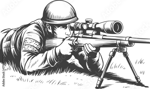 Soldier Sniper Focus  engraving Vintage vector Illustration design