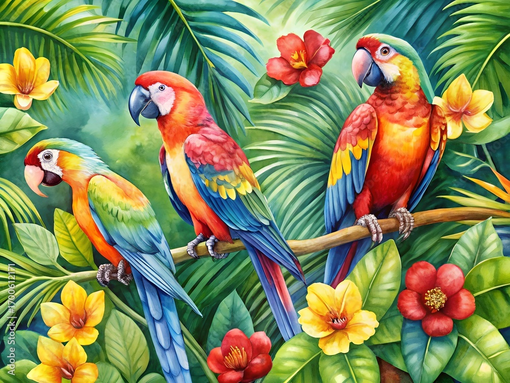 Fototapeta premium Three Vibrant Macaws Perched on Branch Amid Lush Tropical Foliage in water color