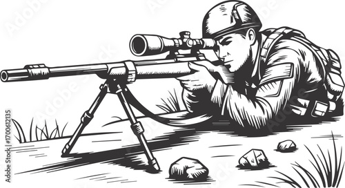 Soldier Sniper Focus  engraving Vintage vector Illustration design