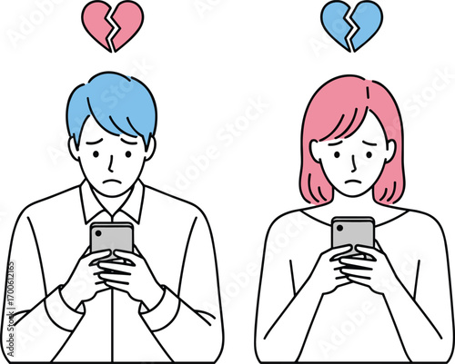 Cartoon illustration of man and woman using smartphones with broken heart symbols above, breakup and relationship conflict concept, vector art, flat design, minimal style