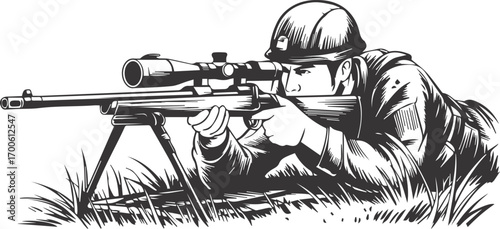 Soldier Sniper Focus  engraving Vintage vector Illustration design