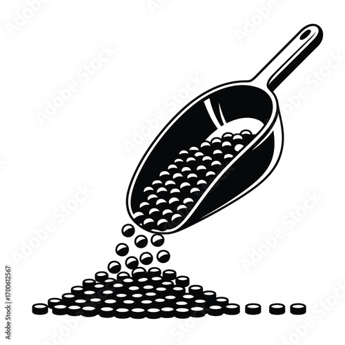 Scoop pouring small round objects onto a pile