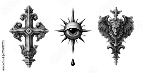 Wallpaper Mural Intricate Illustrations of Decorative Elements Featuring Cross, Eye, and Angel Designs Torontodigital.ca