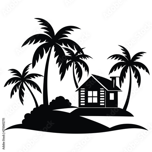 Island Paradise Illustration Silhouetted Cabin Retreat Amidst Palm Trees and Tropical Vegetation