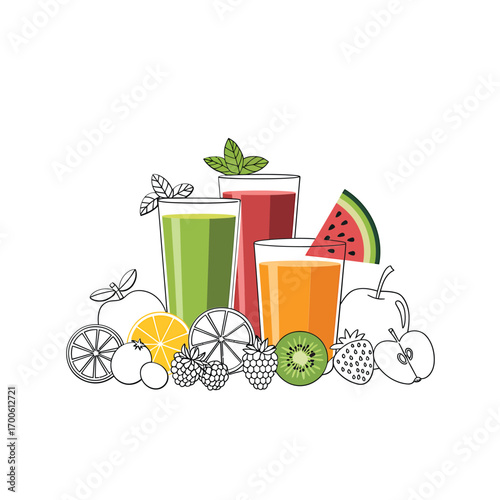 Three colorful fruit juices with fresh fruits and sketch elements