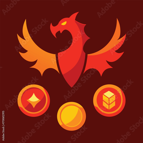 Phoenix emblem with game coins in red and yellow, representing a level up or achievement in a fantasy adventure game