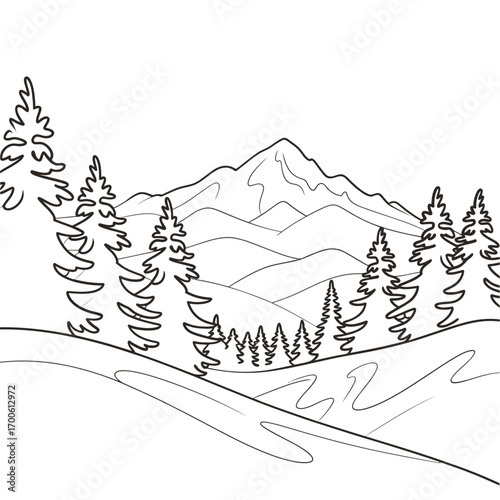 Hand drawn outline sketch of a majestic mountain landscape with pine trees
