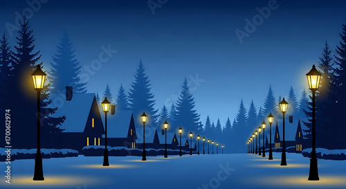 Winter night scene with snow covered street and glowing street lamps, houses and trees