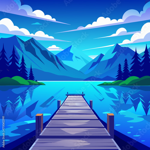 Serene flat design illustration wooden pier calm lake mountains vector