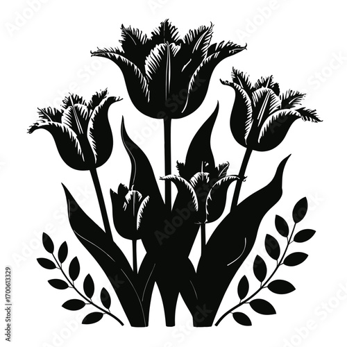 Black and white silhouette of a bouquet of fringed tulips and leaves