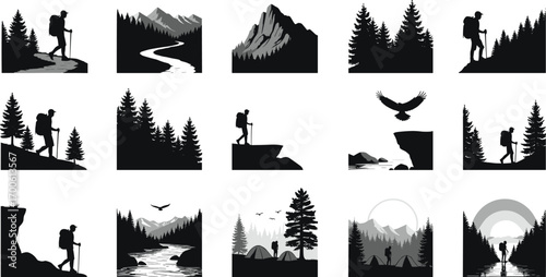 Hiking adventure silhouettes, mountain trekking, forest exploration, outdoor nature scenes, backpacking journey, wilderness camping, scenic river views, wildlife flying eagle