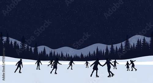 Silhouettes Ice Skating Under Starry Night Sky Winter Landscape Fun Activity