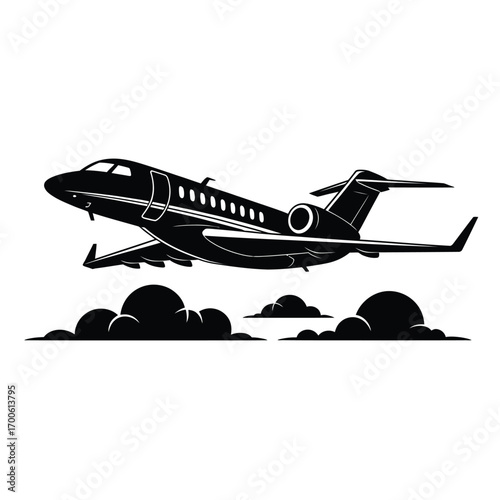 Sleek private jet ascending above clouds in silhouette
